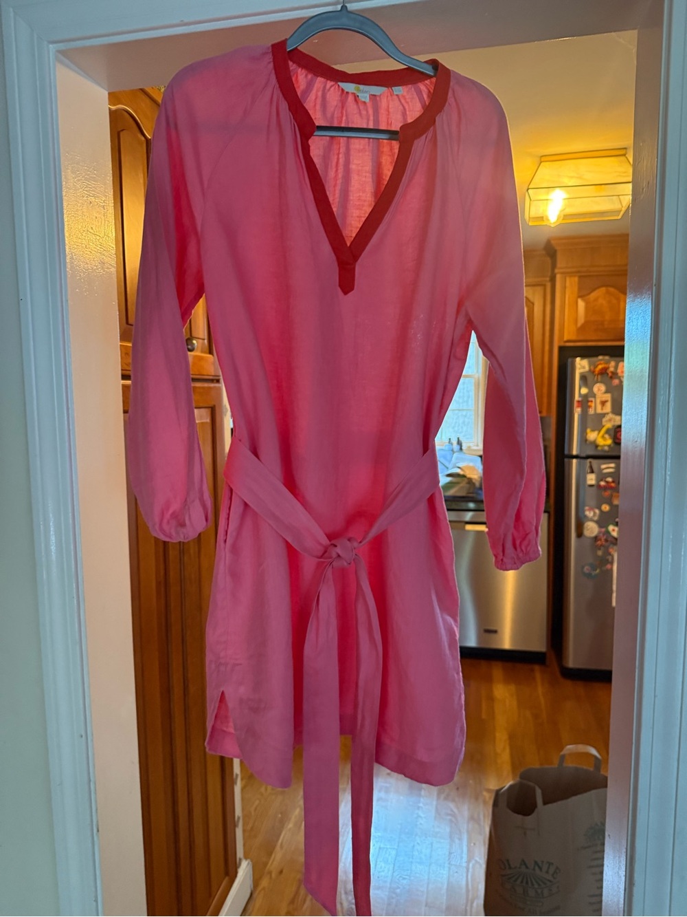 Boden Pink Long-Sleeve V-Neck Tie-Waist Dress with Contrast red Trim